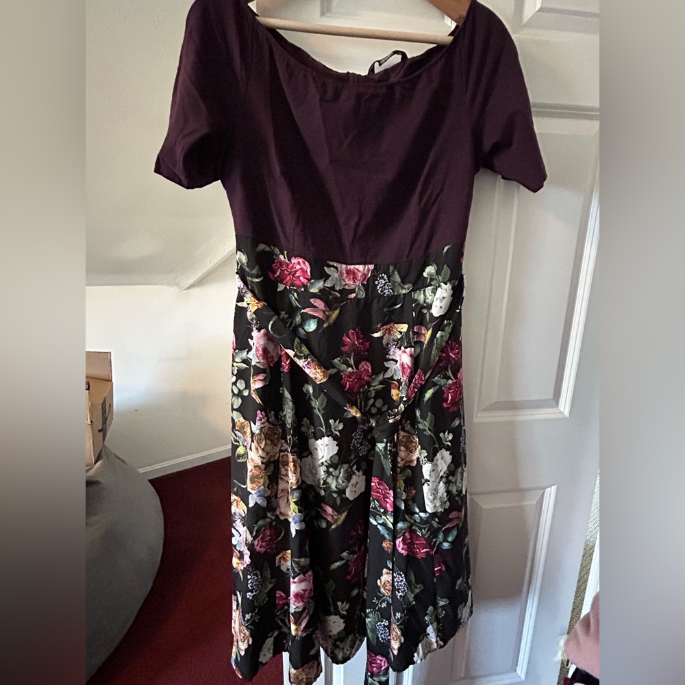 eshakti Plum Top Black Floral Midi Dress with Pink & Cream Blooms